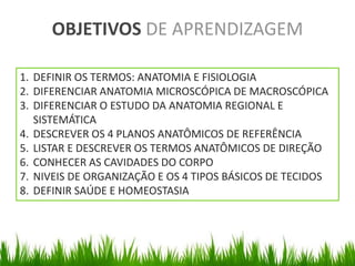OBJETIVOS DE APRENDIZAGEM 
1. DEFINIR OS TERMOS: ANATOMIA E FISIOLOGIA 
2. DIFERENCIAR ANATOMIA MICROSCÓPICA DE MACROSCÓPICA 
3. DIFERENCIAR O ESTUDO DA ANATOMIA REGIONAL E 
SISTEMÁTICA 
4. DESCREVER OS 4 PLANOS ANATÔMICOS DE REFERÊNCIA 
5. LISTAR E DESCREVER OS TERMOS ANATÔMICOS DE DIREÇÃO 
6. CONHECER AS CAVIDADES DO CORPO 
7. NIVEIS DE ORGANIZAÇÃO E OS 4 TIPOS BÁSICOS DE TECIDOS 
8. DEFINIR SAÚDE E HOMEOSTASIA 
 