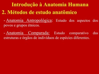 Introdução à Anatomia Humana
2. Métodos de estudo anatômico
- Anatomia Antropológica: Estudo dos aspectos dos
povos e grupos étnicos.
- Anatomia Comparada: Estudo comparativo das
estruturas e órgãos de indivíduos de espécies diferentes.
 