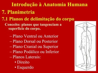 Conceito: planos que tangenciam a
superfície do corpo.
– Plano Ventral ou Anterior
– Plano Dorsal ou Posterior
– Plano Cranial ou Superior
– Plano Podálico ou Inferior
– Planos Laterais:
• Direito
• Esquerdo
Introdução à Anatomia Humana
7. Planimetria
7.1 Planos de delimitação do corpo
 