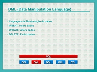 DML (Data Manipulation Language)


• Linguagem de Manipulação de dados
• INSERT: Insere dados
• UPDATE: Altera dados
• DELETE: Exclui dados
 