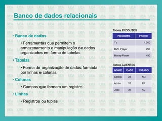 Banco de dados relacionais

                                              Tabela PRODUTOS

• Banco de dados                                   PRODUTO      PREÇO


    • Ferramentas que permitem o              TV                   1.000

    armazenamento e manipulação de dados      DVD Player              290
    organizados em forma de tabelas
                                              Bluray Player           490
• Tabelas
                                              Tabela CLIENTES
    • Forma de organização de dados formada
                                              NOME      IDADE   ESTADO
    por linhas e colunas
                                              Carlos       28    AM
• Colunas
                                              Andre        32    RR
    • Campos que formam um registro
                                              Joao         36    AC
• Linhas
    • Registros ou tuplas
 