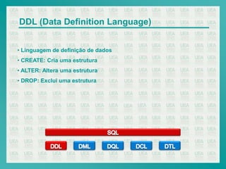 DDL (Data Definition Language)


• Linguagem de definição de dados
• CREATE: Cria uma estrutura
• ALTER: Altera uma estrutura
• DROP: Exclui uma estrutura
 