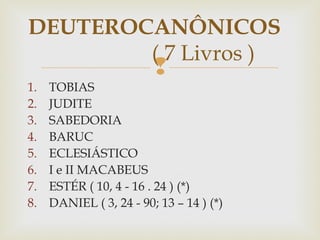 
1. TOBIAS
2. JUDITE
3. SABEDORIA
4. BARUC
5. ECLESIÁSTICO
6. I e II MACABEUS
7. ESTÉR ( 10, 4 - 16 . 24 ) (*)
8. DANIEL ( 3, 24 - 90; 13 – 14 ) (*)
DEUTEROCANÔNICOS
( 7 Livros )
 