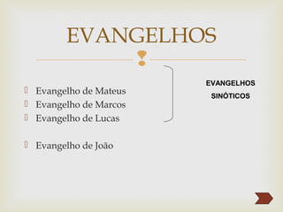 
 Evangelho de Mateus
 Evangelho de Marcos
 Evangelho de Lucas
 Evangelho de João
EVANGELHOS
EVANGELHOS
SINÓTICOS
 