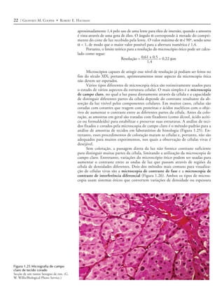 22 / GEOFFREY M. COOPER • ROBERT E. HAUSMAN

                                         aproximadamente 1,4 pelo uso de uma lente para óleo de imersão, quando a amostra
                                         é vista através de uma gota de óleo. O ângulo α corresponde à metade do compri-
                                         mento do cone de luz recebido pela lente. O valor máximo de α é 90o, sendo seno
                                         α = 1, de modo que o maior valor possível para a abertura numérica é 1,4.
                                               Portanto, o limite teórico para a resolução do microscópio ótico pode ser calcu-
                                         lado como segue:
                                                                      Resolução = 0,61 x 0,5 = 0,22 µm
                                                                                       1,4

                                              Microscópios capazes de atingir esse nível de resolução já podiam ser feitos no
                                         fim do século XIX; portanto, aprimoramentos nesse aspecto da microscopia ótica
                                         não devem ser esperados.
                                              Vários tipos diferentes de microscopia ótica são rotineiramente usados para
                                         o estudo de vários aspectos da estrutura celular. O mais simples é a microscopia
                                         de campo claro, no qual a luz passa diretamente através da célula e a capacidade
                                         de distinguir diferentes partes da célula depende do contraste resultante da ab-
                                         sorção da luz visível pelos componentes celulares. Em muitos casos, células são
                                         coradas com corantes que reagem com proteínas e ácidos nucléicos com o obje-
                                         tivo de aumentar o contraste entre as diferentes partes da célula. Antes da colo-
                                         ração, as amostras em geral são tratadas com fixadores (como álcool, ácido acéti-
                                         co ou formaldeído) para estabilizar e preservar suas estruturas. A análise de teci-
                                         dos fixados e corados pela microscopia de campo claro é o método-padrão para a
                                         análise de amostras de tecidos em laboratórios de histologia (Figura 1.25). En-
                                         tretanto, esses procedimentos de coloração matam as células e, portanto, não são
                                         adequados para muitos experimentos, nos quais a observação de células vivas é
                                         desejável.
                                              Sem coloração, a passagem direta da luz não fornece contraste suficiente
                                         para distinguir muitas partes da célula, limitando a utilização da microscopia de
                                         campo claro. Entretanto, variações do microscópio ótico podem ser usadas para
                                         aumentar o contraste entre as ondas de luz que passam através de regiões da
                                         célula de densidades diferentes. Dois dos métodos mais comuns para visualiza-
                                         ção de células vivas são a microscopia de contraste de fase e a microscopia de
                                         contraste de interferência diferencial (Figura 1.26). Ambos os tipos de micros-
                                         copia usam sistemas óticos que convertem variações de densidade ou espessura




Figura 1.25 Micrografia de campo
claro de tecido corado
Secção de um tumor benigno de rim. (G.
W. Willis/Biological Photo Service.)
 