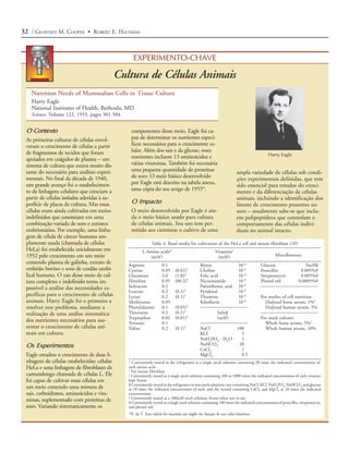 32 / GEOFFREY M. COOPER • ROBERT E. HAUSMAN


                                                   EXPERIMENTO-CHAVE

                                             Cultura de Células Animais
   Nutrition Needs of Mammalian Cells in Tissue Culture
   Harry Eagle
   National Institutes of Health, Bethesda, MD
   Science, Volume 122, 1955, pages 501-504


 O Contexto                                      componentes desse meio, Eagle foi ca-
 As primeiras culturas de células envol-         paz de determinar os nutrientes especí-
 veram o crescimento de células a partir         ficos necessários para o crescimento ce-
 de fragmentos de tecidos que foram              lular. Além dos sais e da glicose, esses
                                                 nutrientes incluem 13 aminoácidos e                                                        Harry Eagle
 apoiados em coágulos de plasma – um
 sistema de cultura que estava muito dis-        várias vitaminas. Também foi necessária
 tante do necessário para análises experi-       uma pequena quantidade de proteínas                                   ampla variedade de células sob condi-
 mentais. No final da década de 1940,            de soro. O meio básico desenvolvido                                   ções experimentais definidas, que tem
 um grande avanço foi o estabelecimen-           por Eagle está descrito na tabela anexa,                              sido essencial para estudos do cresci-
 to de linhagens celulares que cresciam a        uma cópia do seu artigo de 1955*.                                     mento e da diferenciação de células
 partir de células isoladas aderidas à su-                                                                             animais, incluindo a identificação dos
 perfície de placas de cultura. Mas essas        O Impacto                                                             fatores de crescimento presentes no
 células eram ainda cultivadas em meios          O meio desenvolvido por Eagle é ain-                                  soro – atualmente sabe-se que inclu-
 indefinidos que consistiam em uma               da o meio básico usado para cultura                                   em polipeptídeos que controlam o
 combinação variada de soro e extratos           de células animais. Seu uso tem per-                                  comportamento das células indivi-
 embrionários. Por exemplo, uma linha-           mitido aos cientistas o cultivo de uma                                duais no animal intacto.
 gem de célula de câncer humano am-
 plamente usada (chamada de células                            Table 4. Basal media for cultivation of the HeLa cell and mouse fibroblast (10 )
 HeLa) foi estabelecida inicialmente em                  L-Amino acids*                                  Vitamins‡
 1952 pelo crescimento em um meio                           (mM )                                         (mM )                                 Miscellaneous
 contendo plasma de galinha, extrato de         Arginine             0.1                       Biotin            10-3                  Glucose            5mM§
 embrião bovino e soro de cordão umbi-          Cystine              0.05     (0.02)†          Choline           10-3                  Penicillin       0.005%#
 lical humano. O uso desse meio de cul-         Glutamine            2.0      (1.0)||          Folic acid        10-3                  Streptomycin     0.005%#
 tura complexo e indefinido torna im-           Histidine            0.05     (00.2)†          Nicotinamide      10-3                  Phenol red      0.0005%#
                                                Isoleucine           0.2                       Pantothemic acid 10-3                   ________________________
 possível a análise das necessidades es-
                                                Leucine              0.2      (0.1)†           Pyridoxal         10-3
 pecíficas para o crescimento de células        Lysine               0.2      (0.1)†           Thiamine          10-3                  For studies of cell nutrition
 animais. Harry Eagle foi o primeiro a          Methionine           0.05                      Riboflavin        10-4                    Dialyzed horse serum, 1%†
 resolver esse problema, mediante a             Phenylalanine        0.1      (0.05)†          ____________________                      Dialyzed human serum, 5%
                                                Threonine            0.2      (0.1)†                     Salts§                        ________________________
 realização de uma análise sistemática
                                                Tryptophan           0.02     (0.01)†                    (mM )                         For stock cultures
 dos nutrientes necessários para sus-           Tyrosine             0.1                       ____________________                      Whole horse serum, 5%†
 tentar o crescimento de células ani-           Valine               0.2      (0.1)†           NaCl             100                      Whole human serum, 10%
 mais em cultura.                                                                              KCl                5
                                                                                               NaH2PO4 . H2O      1
 Os Experimentos                                                                               NaHCO3            20
                                                                                               CaCl2              1
 Eagle estudou o crescimento de duas li-                                                       MgCl2              0.5
 nhagens de células estabelecidas: células      * Conveniently stored in the refrigerator as a single stock solution containing 20 times the indicated concentration of
 HeLa e uma linhagem de fibroblasto de          each amino acid.
                                                † For mouse fibroblast.
 camundongo chamada de células L. Ele           ‡ Conveniently stored as a single stock solution containing 100 or 1000 times the indicated concentration of each vitamin;

 foi capaz de cultivar essas células em         kept frozen.
                                                § Conveniently stored in the refrigerator in two stock solutions, one containing NaCl, KCl, NaH2PO4, NaHCO3, and glucose
 um meio contendo uma mistura de                at 10 times the indicated concentration of each, and the second containing CaCl2 and MgCl2 at 20 times the indicated
 sais, carboidratos, aminoácidos e vita-        concentration.
                                                || Conveniently stored as a 100mM stock solution; frozen when not in use.
 minas, suplementado com proteínas de           # Conveniently stored as a single stock solution containing 100 times the indicated concentrations of penicillin, streptomycin,
 soro. Variando sistematicamente os             and phenol red.
                                                *N. de T. Esta tabela foi mantida em inglês em função de seu valor histórico.
 