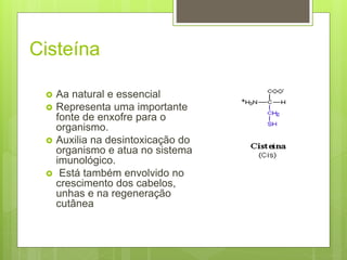 Cisteína
 Aa natural e essencial
 Representa uma importante
fonte de enxofre para o
organismo.
 Auxilia na desintoxicação do
organismo e atua no sistema
imunológico.
 Está também envolvido no
crescimento dos cabelos,
unhas e na regeneração
cutânea
 
