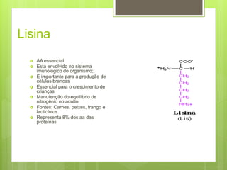 Lisina
 AA essencial
 Está envolvido no sistema
imunológico do organismo;
 É importante para a produção de
células brancas
 Essencial para o crescimento de
crianças
 Manutenção do equilíbrio de
nitrogênio no adulto.
 Fontes: Carnes, peixes, frango e
lacticínios
 Representa 8% dos aa das
proteínas
 