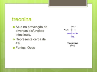 treonina
 Atua na prevenção de
diversas disfunções
intestinais.
 Representa cerca de
4%.
 Fontes: Ovos
 