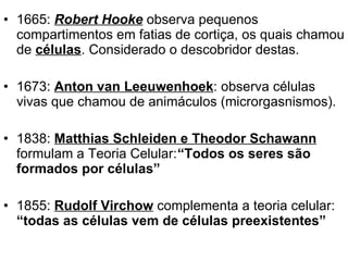 1665:  Robert Hooke  observa pequenos compartimentos em fatias de cortiça, os quais chamou de  células . Considerado o descobridor destas. 1673:  Anton van Leeuwenhoek : observa células vivas que chamou de animáculos (microrgasnismos). 1838:  Matthias Schleiden e Theodor Schawann  formulam a Teoria Celular: “Todos os seres são formados por células” 1855:  Rudolf Virchow  complementa a teoria celular:  “todas as células vem de células preexistentes”   