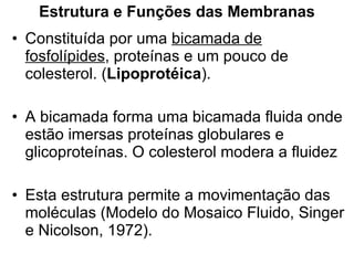 Estrutura e Funções das Membranas Constituída por uma  bicamada de fosfolípides , proteínas e um pouco de colesterol. ( Lipoprotéica ). A bicamada forma uma bicamada fluida onde estão imersas proteínas globulares e glicoproteínas. O colesterol modera a fluidez Esta estrutura permite a movimentação das moléculas (Modelo do Mosaico Fluido, Singer e Nicolson, 1972). 