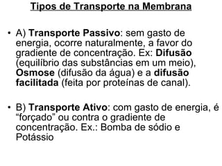 Tipos de Transporte na Membrana A)  Transporte Passivo : sem gasto de energia, ocorre naturalmente, a favor do gradiente de concentração. Ex:  Difusão  (equilíbrio das substâncias em um meio),  Osmose  (difusão da água) e a  difusão facilitada  (feita por proteínas de canal). B)  Transporte Ativo : com gasto de energia, é “forçado” ou contra o gradiente de concentração. Ex.: Bomba de sódio e Potássio 