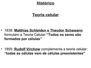 Histórico

                  Teoria celular


• 1838: Matthias Schleiden e Theodor Schawann
  formulam a Teoria Celular:“Todos os seres são
  formados por células”

• 1855: Rudolf Virchow complementa a teoria celular:
  “todas as células vem de células preexistentes”
 