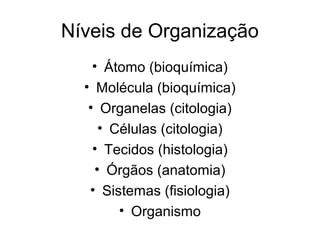 Níveis de Organização
    • Átomo (bioquímica)
  • Molécula (bioquímica)
   • Organelas (citologia)
     • Células (citologia)
    • Tecidos (histologia)
    • Órgãos (anatomia)
   • Sistemas (fisiologia)
        • Organismo
 