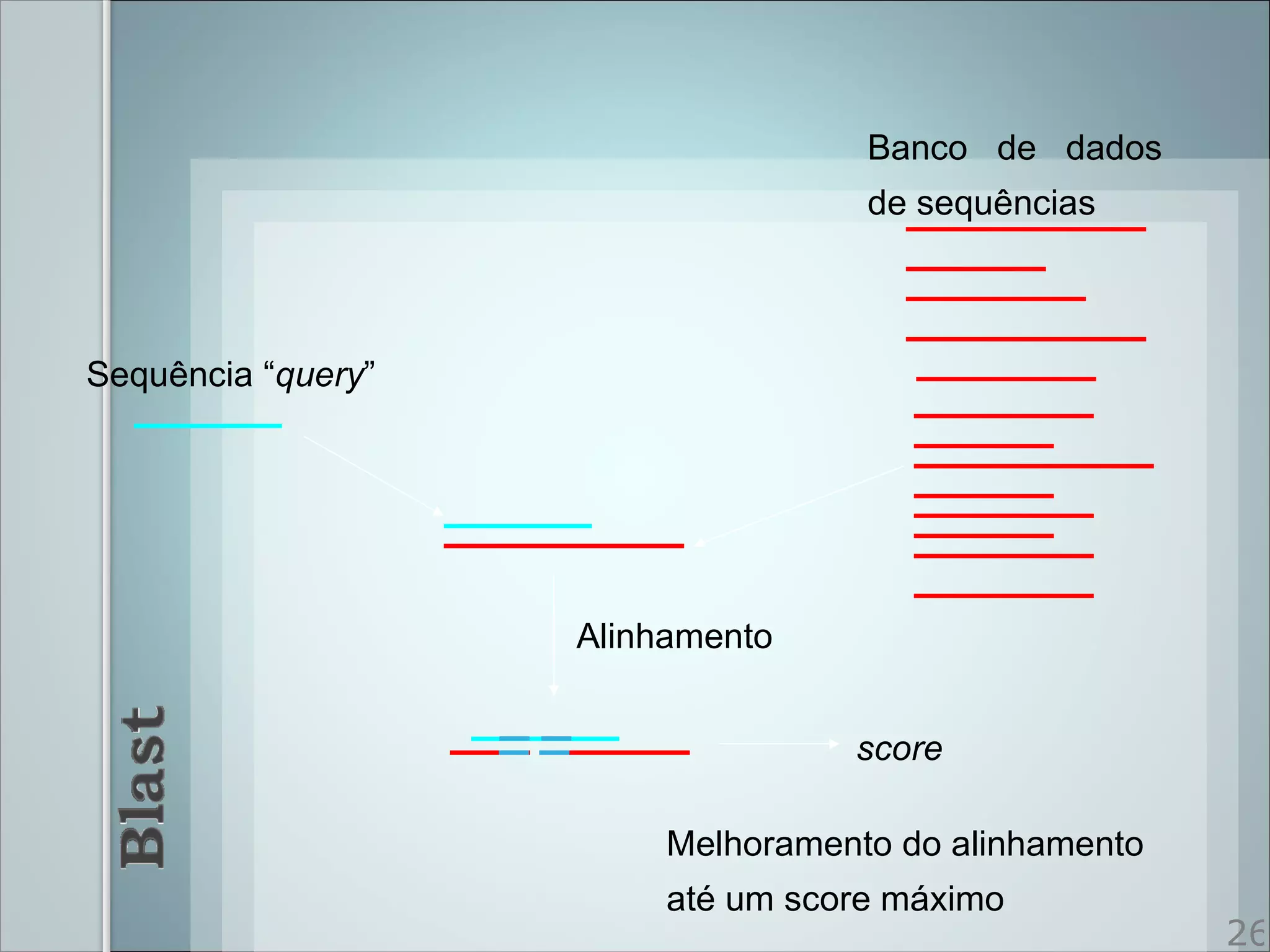 Banco de dados
                                    de sequências



Sequência “query”




                    Alinhamento


                                   score

                         Melhoramento do alinhamento
                         até um score máximo
                                                       26
 
