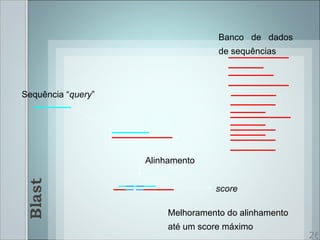 Banco de dados
                                    de sequências



Sequência “query”




                    Alinhamento


                                   score

                         Melhoramento do alinhamento
                         até um score máximo
                                                       26
 