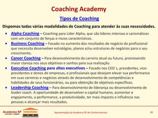 Apresentação da Academia SP de Conhecimentos 18
Coaching Academy
Tipos de Coaching
Dispomos todas várias modalidades de Coaching para atender às suas necessidades.
 Alpha Coaching – Coaching para Líder Alpha, que são líderes intensos e carismáticos
com um conjunto de forças e riscos característicos.
 Business Coaching – Focado no aumento dos resultados de negócio do profissional
que necessita desenvolver estratégias, planos e/ou estruturas de negócios para o seu
crescimento.
 Career Coaching – Para desenvolvimento da carreira atual ou futura, promovendo
maior clareza nos seus objetivos e sonhos para sua realização.
 Executive Coaching para altos executivos – Focado nos CEO´s, presidentes, vice-
presidentes e donos de empresas, e profissionais que desejam elevar sua performance
em suas carreiras e negócios através de desenvolvimento de competências e
habilidades de seus funcionários, ou para obtenção de objetivos específicos.
 Leadership Coaching – Para desenvolvimento de liderança ou desenvolvimento de
leader coach. A oportunidade de desenvolver o capital humano, aumentar o
engajamento, a performance, a produtividade, ter mais impacto e influência nas
pessoas e alcançar mais resultados.
 