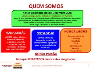 Apresentação da Academia SP de Conhecimentos 2
NOSSA VISÃO
Sermos a fonte de
inspiração, gerador de
conhecimentos, agregando
valor às necessidades da
Sociedade.
NOSSA MISSÃO
AJUDAR nossos clientes,
Empresas e Pessoas,
na busca de uma vida
prazerosa, cheia de
sucessos e felicidades,
HOJE e NO FUTURO !!!
NOSSOS VALORES
Comprometimento
Confiança
Dignidade
Ética
Generosidade
Respeito
Transparência
QUEM SOMOS
Nossa Existência desde Dezembro 2005
Ajudar, uma palavra e atitude que enobrece o ser humano.
Após 32 anos como executivo em uma empresa multinacional americana, era o momento
de me dedicar em AJUDAR profissionais e pessoas semeando junto a sociedade
CONHECIMENTOS adquiridos durante 58 de vivencia internacional.
Assim surgiu a Academia SP de Conhecimentos.
 