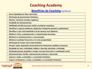 Apresentação da Academia SP de Conhecimentos 21
Coaching Academy
Benefícios de Coaching (continua)
. Elevar Qualidade de Vida e Bem-Estar
. Eliminação de pensamentos limitantes;
. Eliminar, minimizar emoções negativas;
. Facilidade de relacionamento;
. Habilidades de liderança para realizar as próprias conquistas;
. Identificar e superar problemas, obstáculos e bloqueios pessoais e profissionais;
. Identificar o que está impedindo-o (a) de alcançar seus objetivos;
. Melhorar o foco, o planejamento e a administração do tempo;
. Melhorar os relacionamentos e a comunicação;
. Melhorar resultados financeiros e ter mais prosperidade;
. Otimização de tempo como empreendedor;
. Pessoal: saúde; disposição; desenvolvimento intelectual; equilíbrio emocional;
. Qualidade de vida: criatividade; hobbies e diversão; plenitude e felicidade.
. Realização pessoal; propósito e missão; recursos financeiros e contribuição social;
. Relacionamentos: família; relacionamento amoroso e vida social;
. Superar o medo, a ansiedade e a convicções limitantes;
. Superar os bloqueios, o medo, a ansiedade e as convicções limitantes;
 