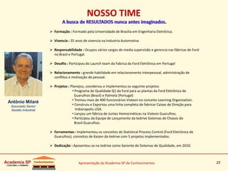 Apresentação da Academia SP de Conhecimentos 27
 Formação : Formado pela Universidade de Brasília em Engenharia Eletrônica.
 Vivencia : 35 anos de vivencia na Industria Automotiva
 Responsabilidade : Ocupou vários cargos de media supervisão e gerencia nas fábricas de Ford
no Brasil e Portugal.
 Desafio : Participou do Launch team da Fabrica da Ford Eletrônica em Portugal
 Relacionamento : grande habilidade em relacionamento interpessoal, administração de
conflitos e motivação de pessoal.
 Projetos : Planejou, coordenou e implementou os seguinte projetos:
• Programa de Qualidade Q1 da Ford para as plantas da Ford Eletrônica de
Guarulhos (Brasil) e Palmela (Portugal)
• Treinou mais de 400 funcionários Visteon no conceito Learning Organization.
• Construiu e Exportou uma linha completa de fabricar Caixas de Direção para
Indianapolis-USA.
• Lançou um fábrica de Juntas Homocinéticas na Visteon Guarulhos.
• Participou da Equipe de Lançamento da tedrive Sistemas de Chassis do
Brasil-Guarulhos.
 Ferramentas : Implementou os conceitos de Statistical Process Control (Ford Eletrônica de
Guarulhos), conceitos de Kaizen da tedrive com 5 projetos implementados.
 Dedicação : Aposentou-se na tedrive como Gerente de Sistemas de Qualidade, em 2010.
Antônio Milaré
Associado Senior
Gestão Industrial
27
NOSSO TIME
 
