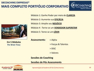 Apresentação da Academia SP de Conhecimentos 39
Em 5 Módulos
Por Brian Tracy
Assessments: > Alpha
> Forças & Talentos
> DISC
> Valores
Módulo 2: Aumente sua EFICÁCIA
Módulo 5: Torne-se um LÍDER
Módulo 3: Amplie seu NEGÓCIO
Módulo 4 : Torne-se um VENDEDOR SUPERSTAR
Sessões de Coaching
Módulo 1: Ganhe Poder por meio de CLAREZA
Sessões de Pós Assessments
SBCOACHING EMPRESAS®
MAIS COMPLETO PORTFÓLIO CORPORATIVO
 