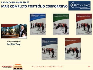 Apresentação da Academia SP de Conhecimentos 40
Em 5 Módulos
Por Brian Tracy
SBCOACHING EMPRESAS®
MAIS COMPLETO PORTFÓLIO CORPORATIVO
 