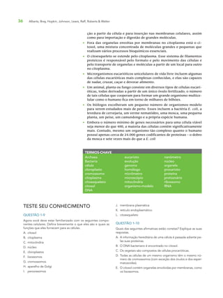 36 Alberts, Bray, Hopkin, Johnson, Lewis, Raff, Roberts & Walter
ção a partir da célula e para inserção nas membranas celulares, assim
como para importação e digestão de grandes moléculas.
• Fora das organelas envoltas por membranas no citoplasma está o ci-
tosol, uma mistura concentrada de moléculas grandes e pequenas que
realizam vários processos bioquímicos essenciais.
• O citoesqueleto se estende pelo citoplasma. Esse sistema de filamentos
proteicos é responsável pelo formato e pelo movimento das células e
pelo transporte de organelas e moléculas a partir de um local para outro
no citoplasma.
• Microrganismos eucarióticos unicelulares de vida livre incluem algumas
das células eucarióticas mais complexas conhecidas, e elas são capazes
de nadar, cruzar, caçar e devorar alimento.
• Um animal, planta ou fungo consiste em diversos tipos de células eucari-
óticas, todas derivadas a partir de um único óvulo fertilizado; o número
de tais células que cooperam para formar um grande organismo multice-
lular como o humano fica em torno de milhares de bilhões.
• Os biólogos escolheram um pequeno número de organismos-modelo
para serem estudados mais de perto. Esses incluem a bactéria E. coli, a
levedura de cervejaria, um verme nematódeo, uma mosca, uma pequena
planta, um peixe, um camundongo e a própria espécie humana.
• Embora o número mínimo de genes necessários para uma célula viável
seja menor do que 400, a maioria das células contém significativamente
mais. Contudo, mesmo um organismo tão complexo quanto o humano
possui apenas cerca de 24.000 genes codificantes de proteínas – o dobro
da mosca e sete vezes mais do que a E. coli
TERMOS-CHAVE
Archaea
Bacteria
célula
cloroplasto
cromossomo
citoplasma
citoesqueleto
citosol
DNA
eucarioto
evolução
genoma
homólogo
micrômetro
microscópio
mitocôndria
organismo-modelo
nanômetro
núcleo
organela
procarioto
proteína
protozoário
ribossomo
RNA
TESTE SEU CONHECIMENTO
QUESTÃO 1-9
Agora você deve estar familiarizado com os seguintes compo-
nentes celulares. Defina brevemente o que eles são e quais as
funções que eles fornecem para as células.
A. citosol
B. citoplasma
C. mitocôndria
D. núcleo
E. cloroplastos
F. lisossomos
G. cromossomos
H. aparelho de Golgi
I. peroxissomos
J. membrana plasmática
K. retículo endoplasmático
L. citoesqueleto
QUESTÃO 1-10
Quais das seguintes afirmativas estão corretas? Explique as suas
respostas.
A. A informação hereditária de uma célula é passada adiante pe-
las suas proteínas.
B. O DNA bacteriano é encontrado no citosol.
C. Os vegetais são compostos de células procarióticas.
D. Todas as células de um mesmo organismo têm o mesmo nú-
mero de cromossomos (com exceção dos óvulos e dos esper-
matozoides).
E. O citosol contém organelas envolvidas por membranas, como
os lisossomos.
 
