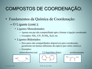 COMPOSTOS DE COORDENAÇÃO:
• Fundamentos da Química de Coordenação:
– O Ligante (cont.):
• Ligantes Monodentados:
– Apenas um par não compartilhado apto a formar a ligação coordenada.
– Exemplos: NH3, CN-, R-NH2, H2O, etc.
• Ligantes Bidentados:
– Dois pares não compartilhados disponíveis para coordenação,
geralmente em átomos diferentes da espécie (por efeito estérico).
– Exemplos:
etilenodiamina (en) 2,2-bipiridina (bipy) acetilacetonato
(acac)
Fevereiro/2010 14
Prof. Dr. Ary Maia
 