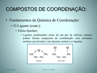 COMPOSTOS DE COORDENAÇÃO:
• Fundamentos da Química de Coordenação:
– O Ligante (cont.):
• Efeito Quelato:
– Ligantes polidentados (mais de um par de elétrons isolado)
podem formar compostos de coordenação com estruturas
anelares envolvendo o íon (átomo) central e os ligantes.
Fevereiro/2010 16
Prof. Dr. Ary Maia
 