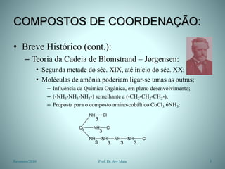 COMPOSTOS DE COORDENAÇÃO:
• Breve Histórico (cont.):
– Teoria da Cadeia de Blomstrand – Jørgensen:
• Segunda metade do séc. XIX, até início do séc. XX;
• Moléculas de amônia poderiam ligar-se umas as outras;
– Influência da Química Orgânica, em pleno desenvolvimento;
– (-NH3-NH3-NH3-) semelhante a (-CH2-CH2-CH2-);
– Proposta para o composto amino-cobáltico CoCl3.6NH3:
Fevereiro/2010 3
Prof. Dr. Ary Maia
Cl
NH
NH
NH
NH
Cl
NH
Cl
NH
Co
3
3
3 3 3 3
 