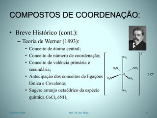 COMPOSTOS DE COORDENAÇÃO:
• Breve Histórico (cont.):
– Teoria de Werner (1893):
• Conceito de átomo central;
• Conceito de número de coordenação;
• Conceito de valência primária e
secundária;
• Antecipação dos conceitos de ligações
Iônica e Covalente;
• Sugere arranjo octaédrico da espécie
química CoCl3.6NH3.
Fevereiro/2010 4
Prof. Dr. Ary Maia
Co
N
H3 NH3
N
H3 NH3
NH3
NH3
3+
3 Cl-
 