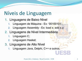 Níveis de Linguagem
1. Linguagens de Baixo Nível
  1. Linguagem de Máquina – Ex: ‘00100101’;
  2. Linguagem Assembly – Ex: load x; add x,y;
2. Linguagens de Nível Intermediário
  1. Linguagem C;
  2. Linguagem Haskel;
3. Linguagens de Alto Nível
  1.   Linguagem Java, Delphi, C++ e outros.


               Projeto Info. e Cidadania - Micael Coutinho - UESB   6
 