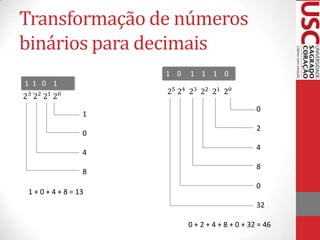 Transformação de números
binários para decimais
                     1 0   1 1 1 0
1 1 0 1


                                                 0
                 1
                                                 2
                 0
                                                 4
                 4
                                                 8
                 8
                                                 0
1 + 0 + 4 + 8 = 13
                                                 32

                           0 + 2 + 4 + 8 + 0 + 32 = 46
 