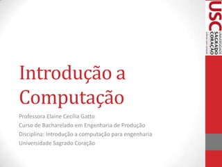 Introdução a
Computação
Professora Elaine Cecília Gatto
Curso de Bacharelado em Engenharia de Produção
Disciplina: Introdução a computação para engenharia
Universidade Sagrado Coração
 