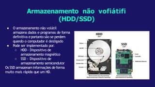 Armazenamento não vofiátifi
(HDD/SSD)
● O armazenamento não volátil
armazena dados e programas de forma
definitiva e portanto são se perdem
quando o computador é desligado
● Pode ser implementado por:
○ HDD- Dispositivo de
armazenamento magnético
○ SSD - Dispositivo de
armazenamento semicondutor
Os SSD armazenaminformações de forma
muito mais rápida que um HD.
 