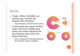 SETOR
Cada trilha é dividida em
setores que contêm um
número fixo de bytes.
Tipicamente, 512 bytes por setor.
A gravação por zonas atribui
mais setores às trilhas que
estão nas zonas externas do
que àquelas que estão nas
zonas internas.
Usa o espaço de armazenamento
de maneira mais completa.
10
 