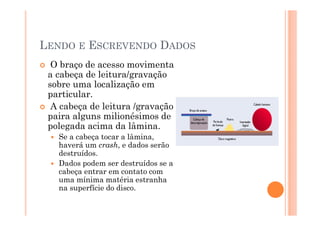LENDO E ESCREVENDO DADOS
O braço de acesso movimenta
a cabeça de leitura/gravação
sobre uma localização em
particular.
A cabeça de leitura /gravação
paira alguns milionésimos de
polegada acima da lâmina.
Se a cabeça tocar a lâmina,
haverá um crash, e dados serão
destruídos.
Dados podem ser destruídos se a
cabeça entrar em contato com
uma mínima matéria estranha
na superfície do disco.
6
 
