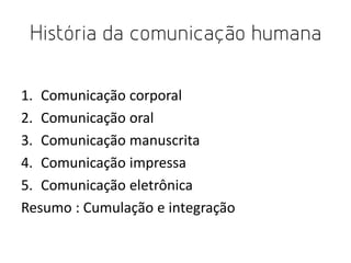 História da comunicação humana
1. Comunicação corporal
2. Comunicação oral
3. Comunicação manuscrita
4. Comunicação impressa
5. Comunicação eletrônica
Resumo : Cumulação e integração

 