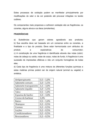Estes processos de oxidação podem se manifestar principalmente por
modificações do odor e da cor podendo até provocar irritações no tecido
cutâneo.
Os componentes mais propensos a sofrerem oxidação são as fragrâncias, os
corantes, alguns ativos e os óleos (emolientes).
FRAGRÂNCIAS
a) Substâncias que geram odores agradáveis aos produtos;
b) Sua escolha deve ser baseada em um consenso entre os corantes, a
finalidade e o tipo do produto. Deve estar harmonizada com atributos do
produto e expectativas do consumidor;
c) A constituição de uma fragrância é identificada através das notas (odor):
notas de cabeça ou saída, notas de corpo, notas de fundo. A fragrância é uma
sucessão de impressões olfativas e não um conjunto homogêneo de todas
elas;
d) Cada tipo de fragrância é uma mistura de diferentes funções químicas e
estas matérias primas podem ser de origem natural (animal ou vegetal) e
sintética.
 
