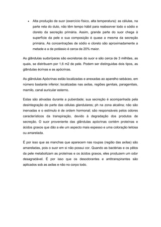  Alta produção de suor (exercício físico, alta temperatura): as células, na
parte reta do duto, não têm tempo hábil para reabsorver todo o sódio e
cloreto da secreção primária. Assim, grande parte do suor chega à
superfície da pele e sua composição é quase a mesma da secreção
primária. As concentrações de sódio e cloreto são aproximadamente a
metade e a de potássio é cerca de 20% maior.
As glândulas sudoríparas são excretoras do suor e são cerca de 3 milhões, as
quais, se distribuem por 1,6 m2 de pele. Podem ser distinguidas dois tipos, as
glândulas écrinas e as apócrinas.
As glândulas Apócrinas estão localizadas e anexadas ao aparelho sebáceo, em
número bastante inferior; localizadas nas axilas, regiões genitais, paragenitais,
mamilo, canal auricular esterno.
Estas são ativadas durante a puberdade; sua secreção é acompanhada pela
desintegração de parte das células glandulares; ph na zona alcalina; não são
inervadas e o estímulo é de ordem hormonal; são responsáveis pelos odores
característicos da transpiração, devido à degradação dos produtos de
secreção. O suor proveniente das glândulas apócrinas contém proteínas e
ácidos graxos que dão a ele um aspecto mais espesso e uma coloração leitosa
ou amarelada.
É por isso que as manchas que aparecem nas roupas (região das axilas) são
amareladas, pois o suor em si não possui cor. Quando as bactérias e os pêlos
da pele metabolizam as proteínas e os ácidos graxos, eles produzem um odor
desagradável. É por isso que os desodorantes e antitranspirantes são
aplicados sob as axilas e não no corpo todo.
 