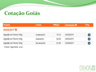 Cotação Goiás
Fonte: Agrolink, 2017.
 