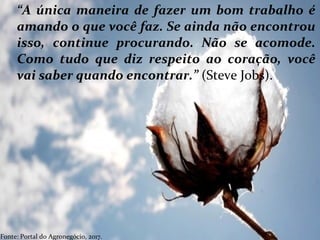 Fonte: Papjerimum.
“A única maneira de fazer um bom trabalho é
amando o que você faz. Se ainda não encontrou
isso, continue procurando. Não se acomode.
Como tudo que diz respeito ao coração, você
vai saber quando encontrar.” (Steve Jobs).
Fonte: Portal do Agronegócio, 2017.
 