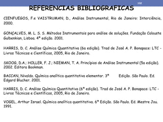 REFERENCIAS BIBLIOGRAFICAS
CIENFUEGOS, F.e VAISTRUMAN, D., Análise Instrumental, Rio de Janeiro: Interciência,
2000.
GONÇALVES, M. L. S. S. Métodos Instrumentais para análise de soluções. Fundação Calouste
Gulbenkian, Lisboa. 4ª edição. 2001.
HARRIS, D. C. Análise Química Quantitativa (6a edição). Trad de José A. P. Bonapace: LTC -
Livros Técnicos e Científicos, 2005, Rio de Janeiro.
SKOOG, D.A.; HOLLER, F. J.; NIEMAN, T. A. Princípios de Análise Instrumental (5a edição).
2002. Editora Bookman.
BACCAN, Nivaldo. Química analítica quantitativa elementar. 3ª Edição. São Paulo. Ed.
Edgard Blucher. 2001.
HARRIS, D. C. Análise Química Quantitativa (6ª edição). Trad de José A. P. Bonapace: LTC -
Livros Técnicos e Científicos, 2005, Rio de Janeiro.
VOGEL, Arthur Israel. Química analítica quantitativa. 6ª Edição. São Paulo. Ed. Mestre Jou.
1991.
102
 
