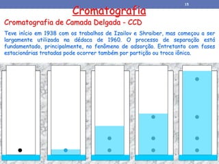 Cromatografia de Camada Delgada - CCD
Teve início em 1938 com os trabalhos de Izailov e Shraiber, mas começou a ser
largamente utilizada na dédaca de 1960. O processo de separação está
fundamentado, principalmente, no fenômeno de adsorção. Entretanto com fases
estacionárias tratadas pode ocorrer também por partição ou troca iônica.
Cromatografia
15
 