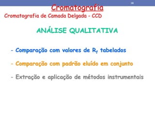 Cromatografia
Cromatografia de Camada Delgada - CCD
ANÁLISE QUALITATIVA
- Comparação com valores de Rf tabelados
- Comparação com padrão eluído em conjunto
- Extração e aplicação de métodos instrumentais
18
 