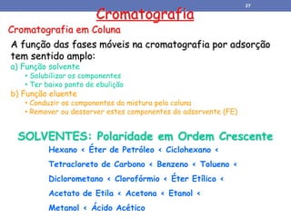 Cromatografia
Cromatografia em Coluna
Hexano < Éter de Petróleo < Ciclohexano <
Tetracloreto de Carbono < Benzeno < Tolueno <
Diclorometano < Clorofórmio < Éter Etílico <
Acetato de Etila < Acetona < Etanol <
Metanol < Ácido Acético
SOLVENTES: Polaridade em Ordem Crescente
A função das fases móveis na cromatografia por adsorção
tem sentido amplo:
a) Função solvente
• Solubilizar os componentes
• Ter baixo ponto de ebulição
b) Função eluente
• Conduzir os componentes da mistura pela coluna
• Remover ou dessorver estes componentes do adsorvente (FE)
27
 