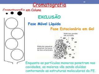 Cromatografia
Cromatografia em Coluna
EXCLUSÃO
Fase Móvel Líquida
Fase Estacionária em Gel
Enquanto as partículas menores penetram nas
cavidades, as maiores vão sendo eluídas
contornando as estruturas moleculares da FE.
34
 