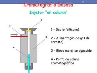 Injetor “on column”
1
2
3
4
1 - Septo (silicone)
2 - Alimentação de gás de
arraste)
3 - Bloco metálico aquecido
4 - Ponta da coluna
cromatográfica
Cromatografia Gasosa
49
 