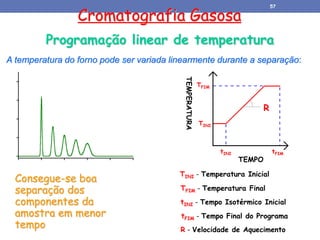Cromatografia Gasosa
Programação linear de temperatura
A temperatura do forno pode ser variada linearmente durante a separação:
Consegue-se boa
separação dos
componentes da
amostra em menor
tempo
TEMPO
TEMPERATURA
tINI tFIM
TINI
TFIM
R
TINI - Temperatura Inicial
TFIM - Temperatura Final
tINI - Tempo Isotérmico Inicial
tFIM - Tempo Final do Programa
R - Velocidade de Aquecimento
57
 
