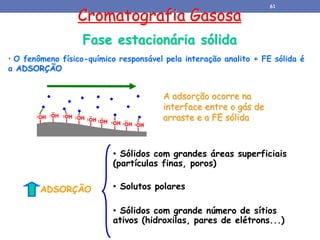 Cromatografia Gasosa
Fase estacionária sólida
• O fenômeno físico-químico responsável pela interação analito + FE sólida é
a ADSORÇÃO
A adsorção ocorre na
interface entre o gás de
arraste e a FE sólida
• Sólidos com grandes áreas superficiais
(partículas finas, poros)
• Solutos polares
• Sólidos com grande número de sítios
ativos (hidroxilas, pares de elétrons...)
ADSORÇÃO
61
 
